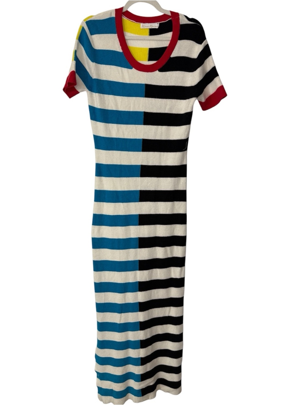 Minaa Monroe Striped Knit Short-Sleeve Maxi Dress in Blue, Black & White